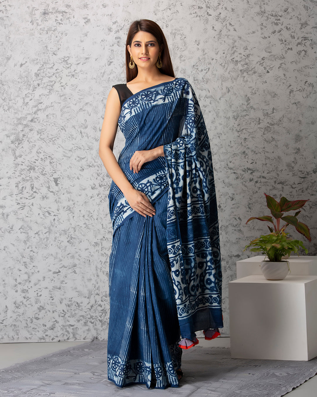 Quirky Bicycle Handblock Indigo Cotton Saree