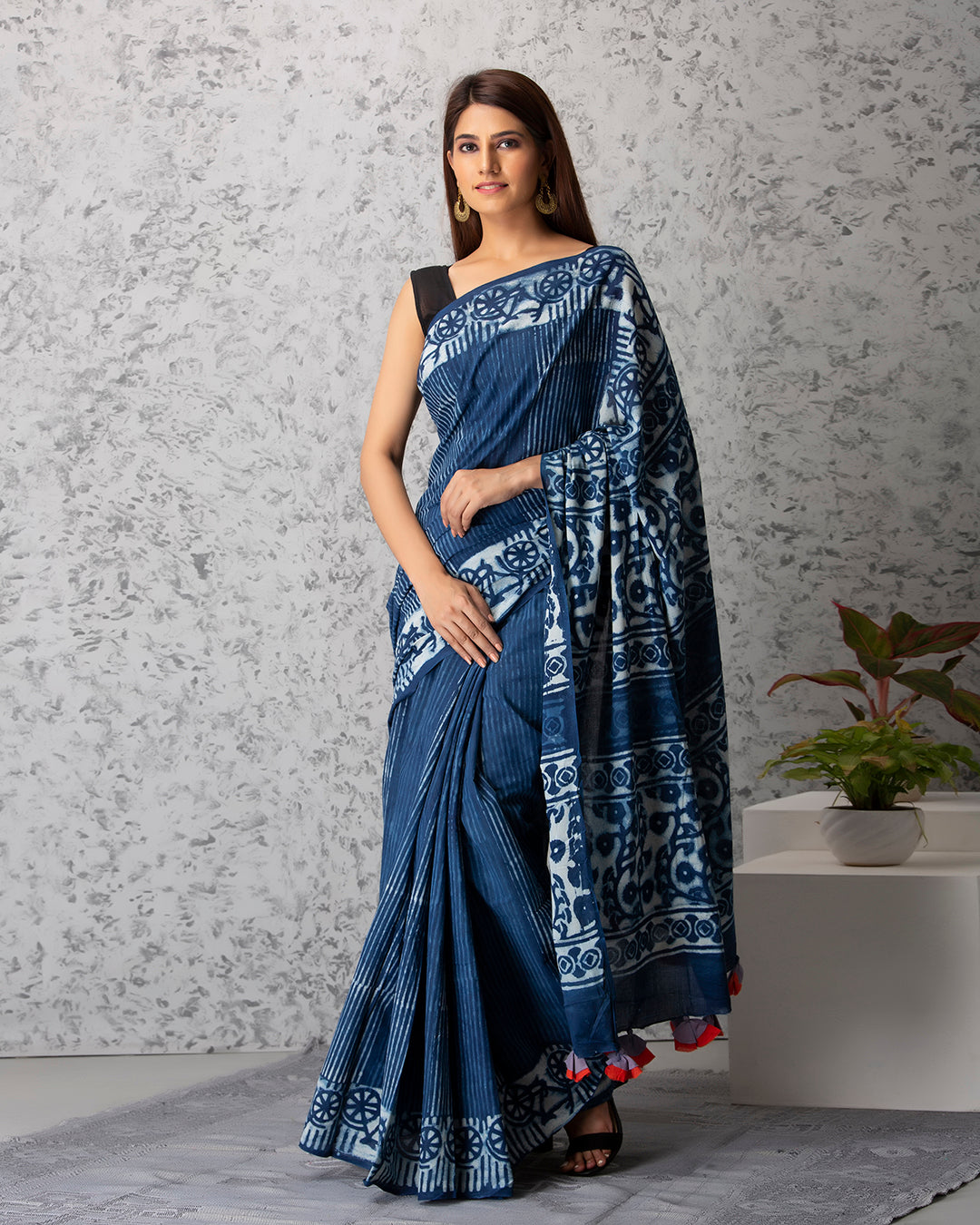 Quirky Bicycle Handblock Indigo Cotton Saree