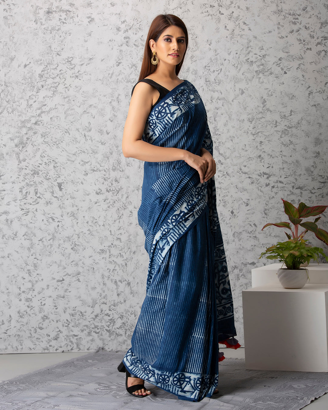 Quirky Bicycle Handblock Indigo Cotton Saree