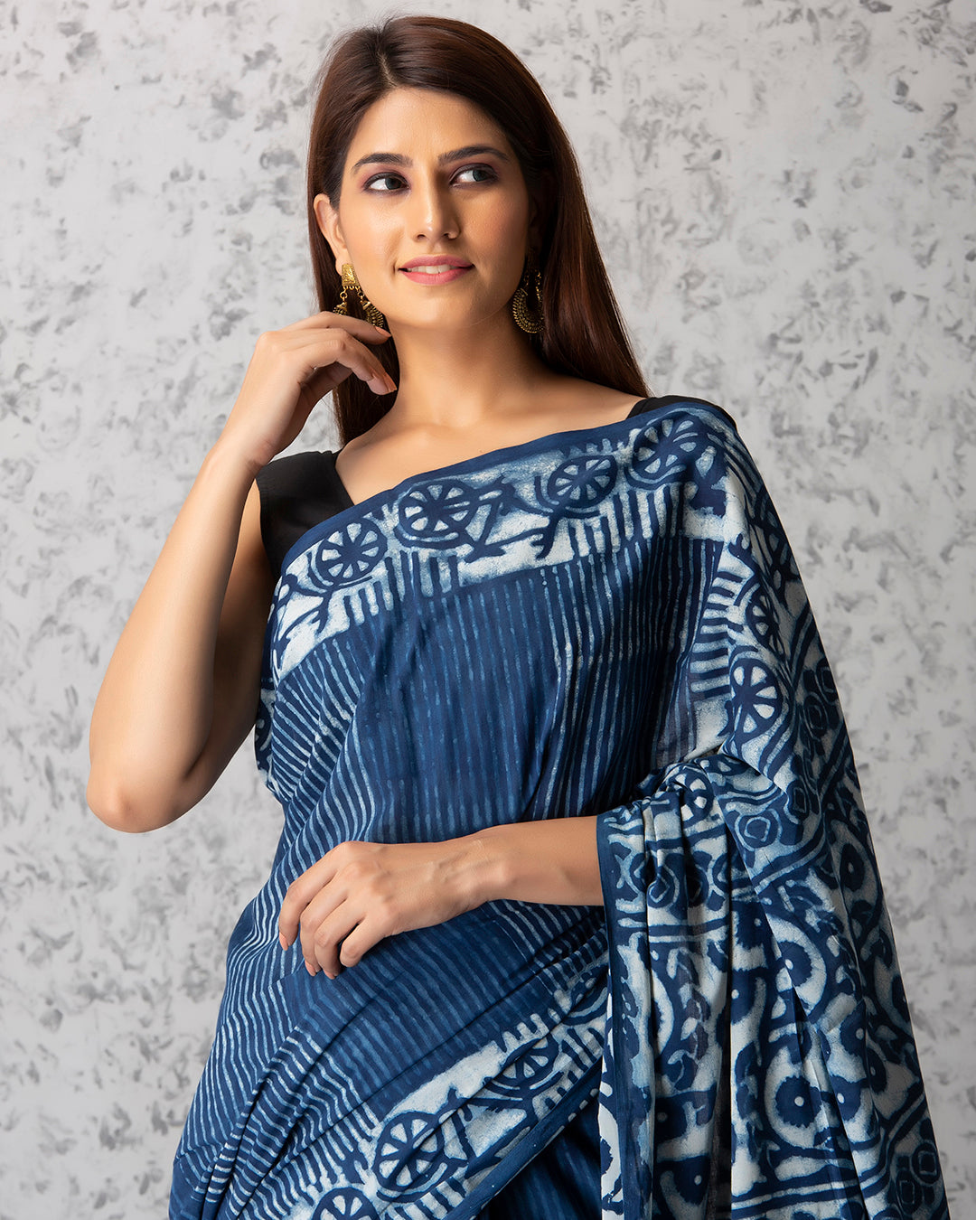 Quirky Bicycle Handblock Indigo Cotton Saree