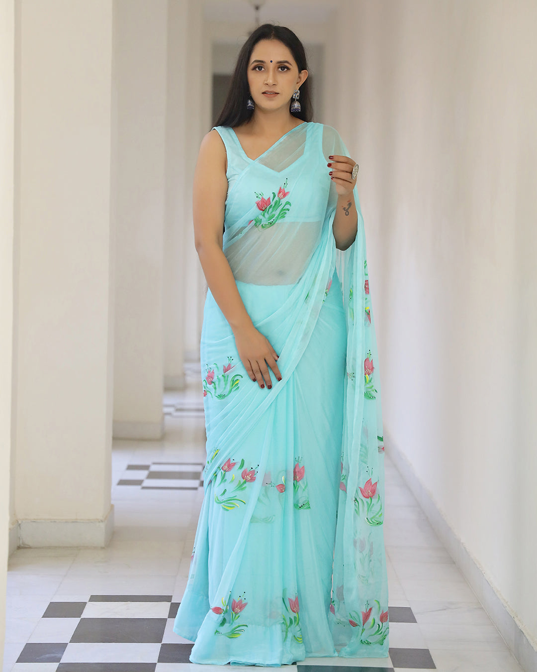 Aqua Floral Hand Painted Chiffon Saree