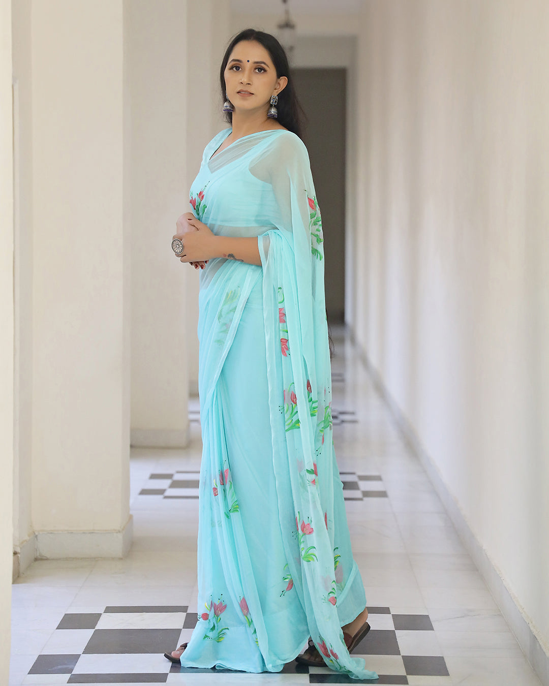 Aqua Floral Hand Painted Chiffon Saree