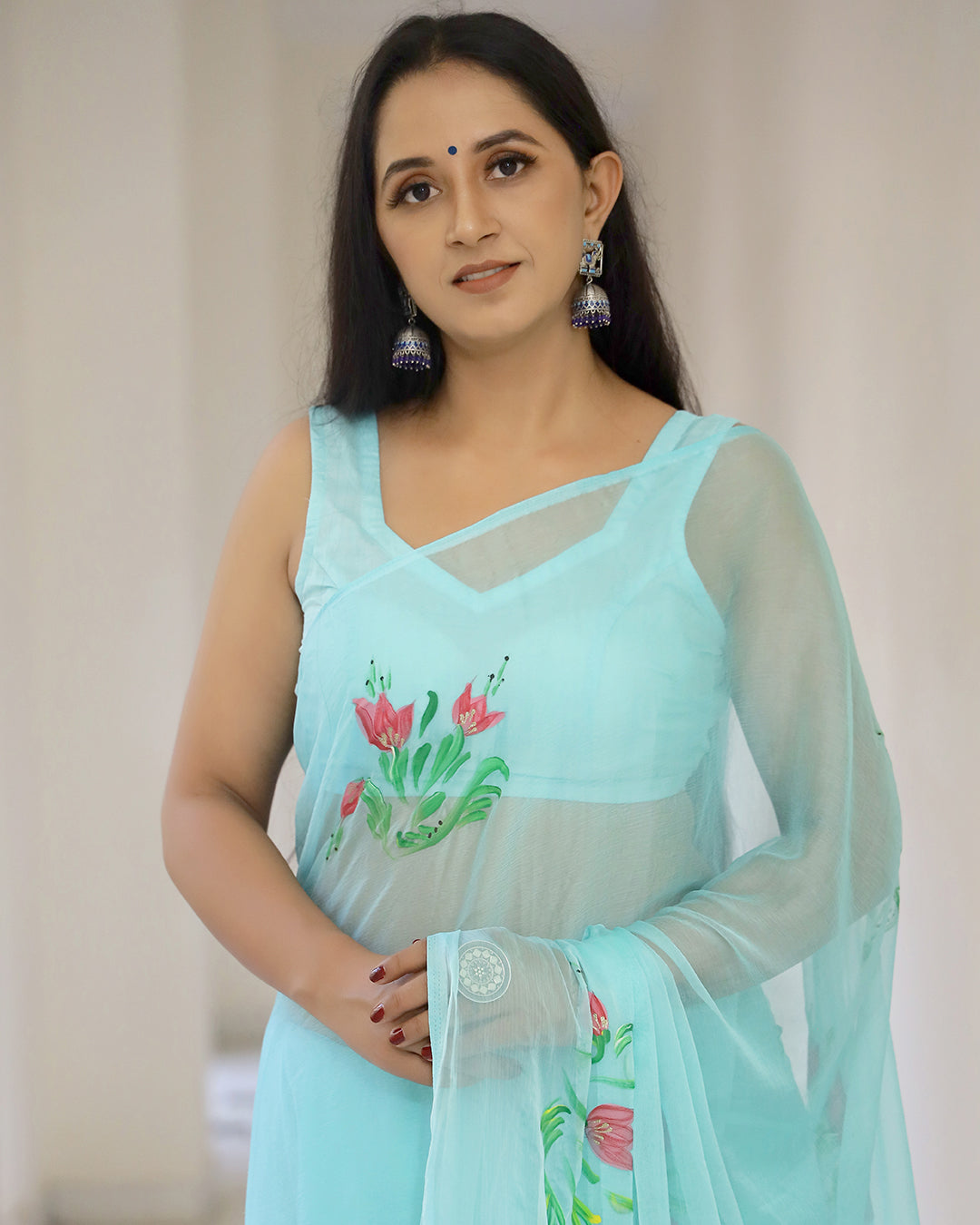 Aqua Floral Hand Painted Chiffon Saree