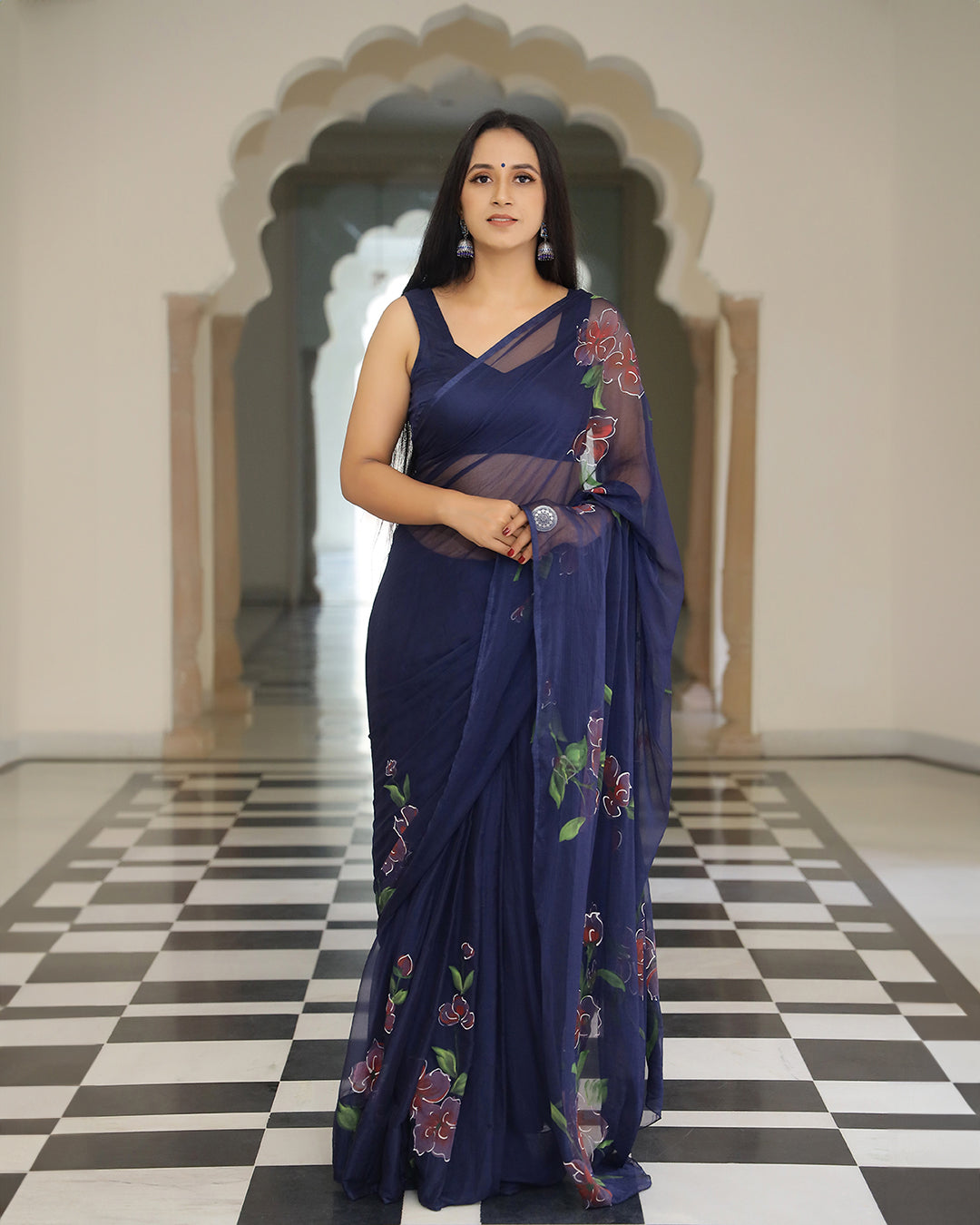 Navy Blue Floral Hand Painted Chiffon Saree