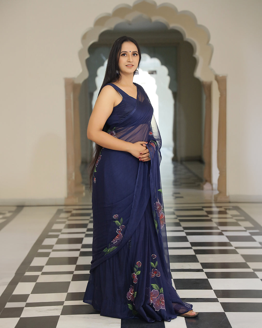 Navy Blue Floral Hand Painted Chiffon Saree