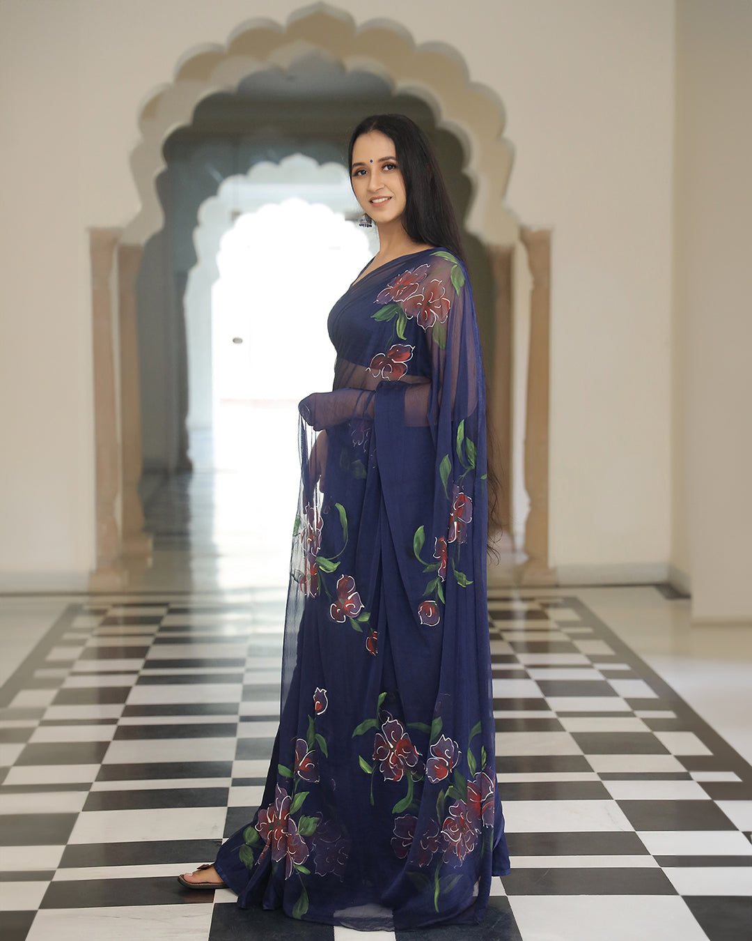 Navy Blue Floral Hand Painted Chiffon Saree