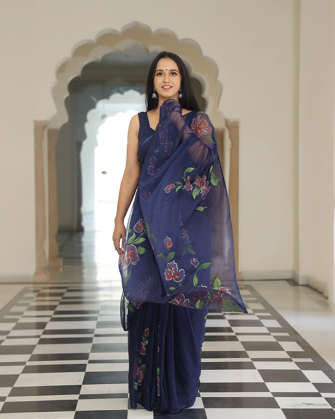 Navy Blue Floral Hand Painted Chiffon Saree