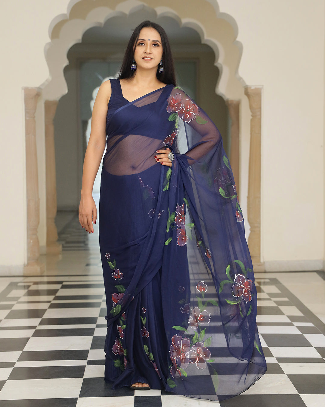 Navy Blue Floral Hand Painted Chiffon Saree