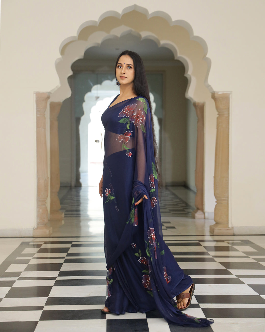 Navy Blue Floral Hand Painted Chiffon Saree
