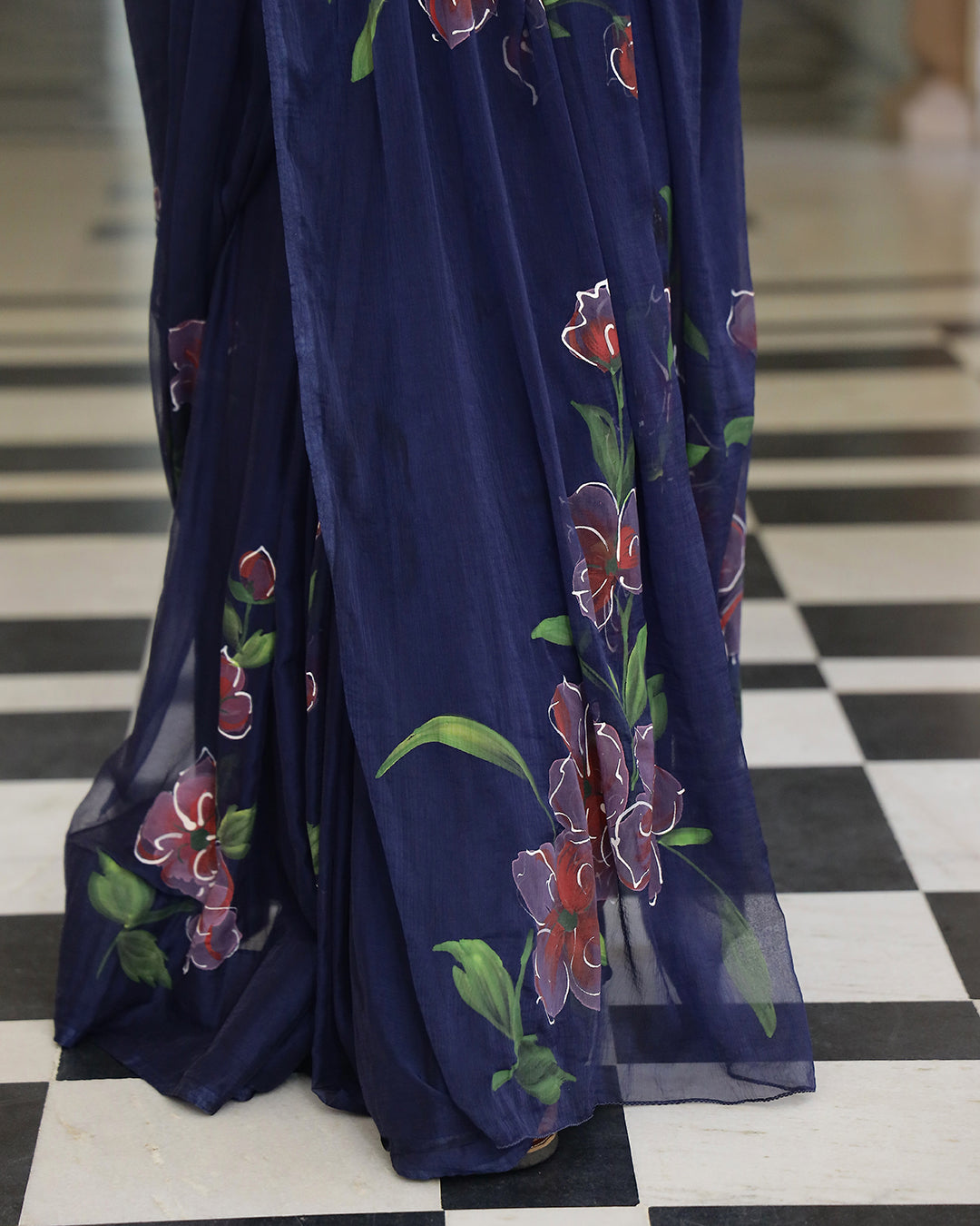 Navy Blue Floral Hand Painted Chiffon Saree