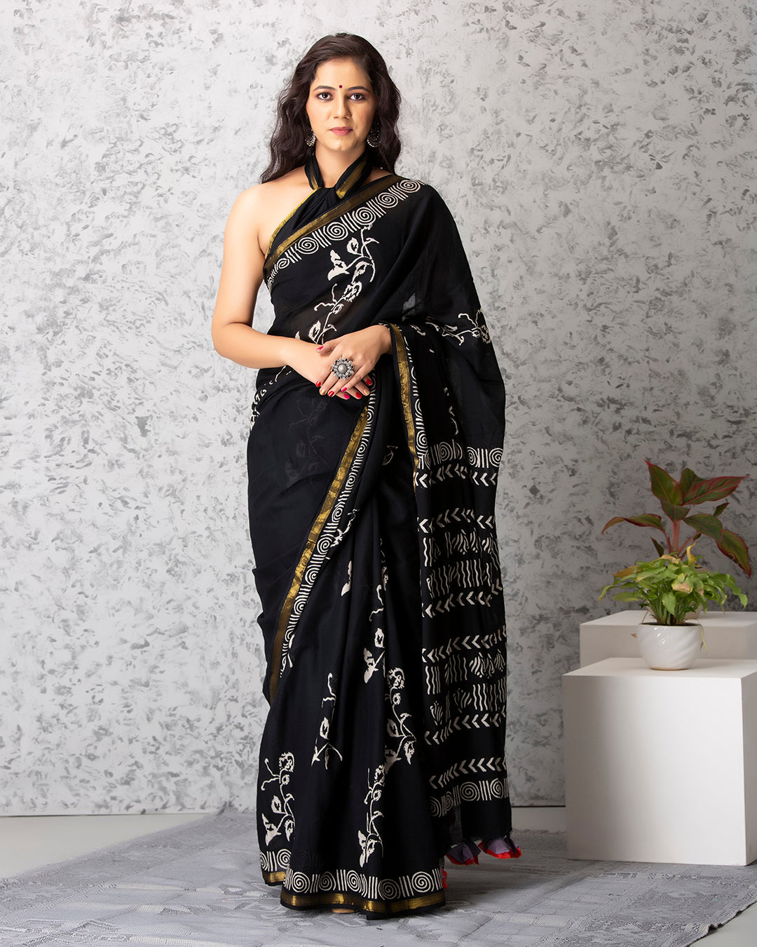 Floral Vines Handblock Black Mulmul Saree