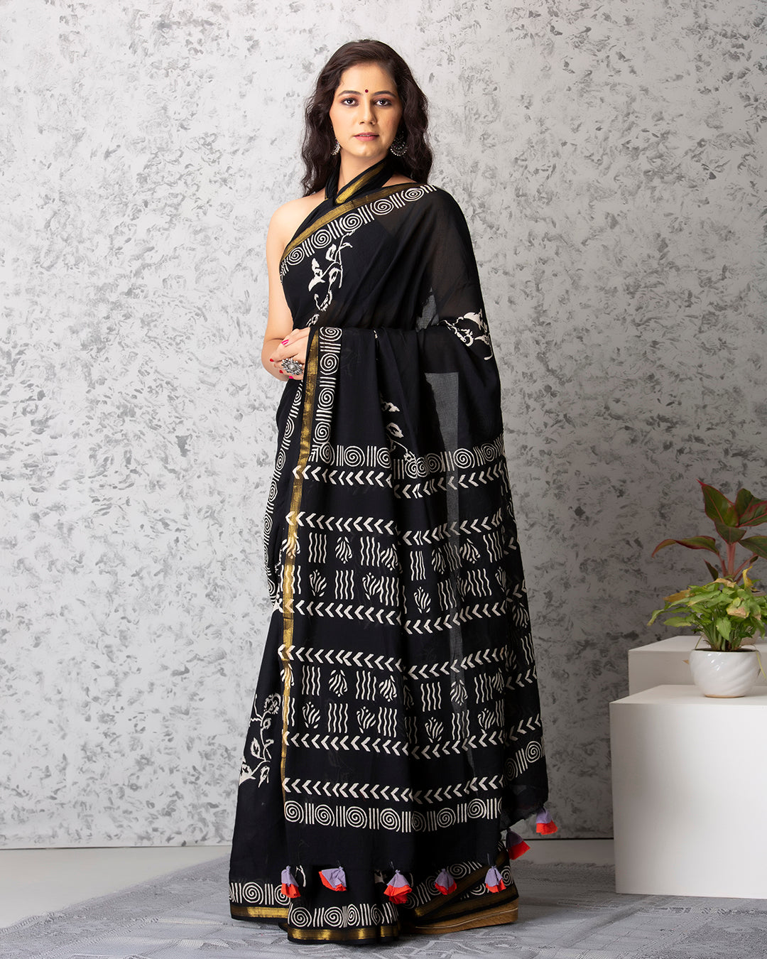 Floral Vines Handblock Black Mulmul Saree