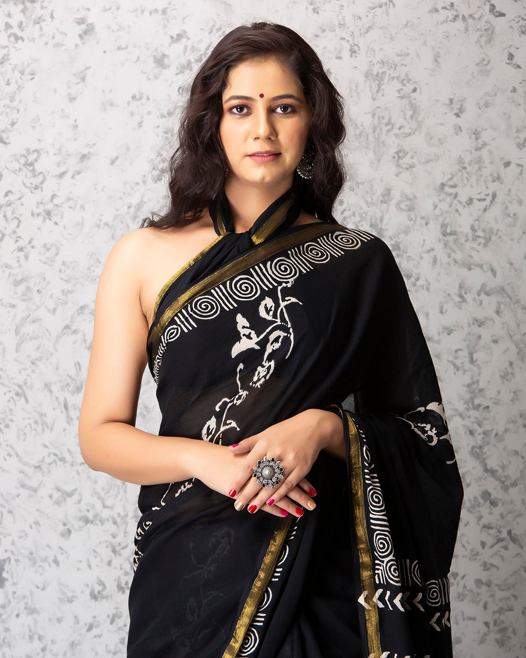 Floral Vines Handblock Black Mulmul Saree