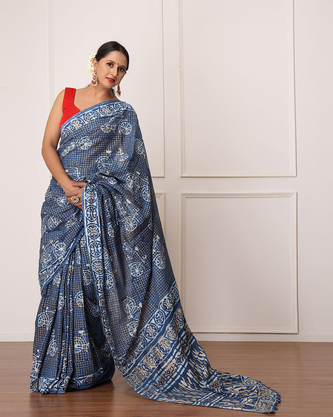 Nancy Indigo Dabu Print Cotton Saree