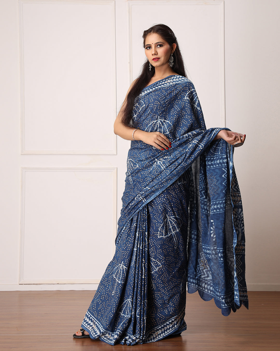 Umbrella Dabu Print Indigo Saree