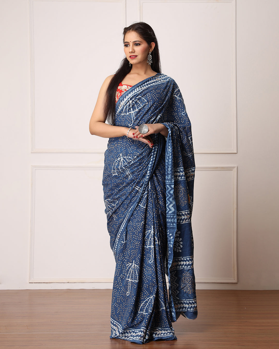 Umbrella Dabu Print Indigo Saree