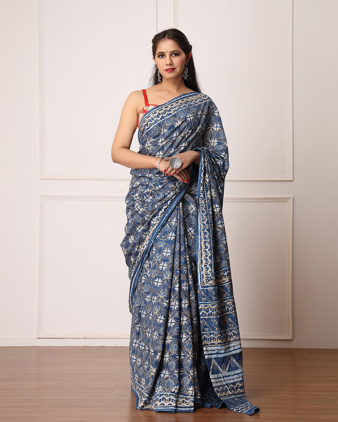 Floral Dabu Print Indigo Mulmul Saree