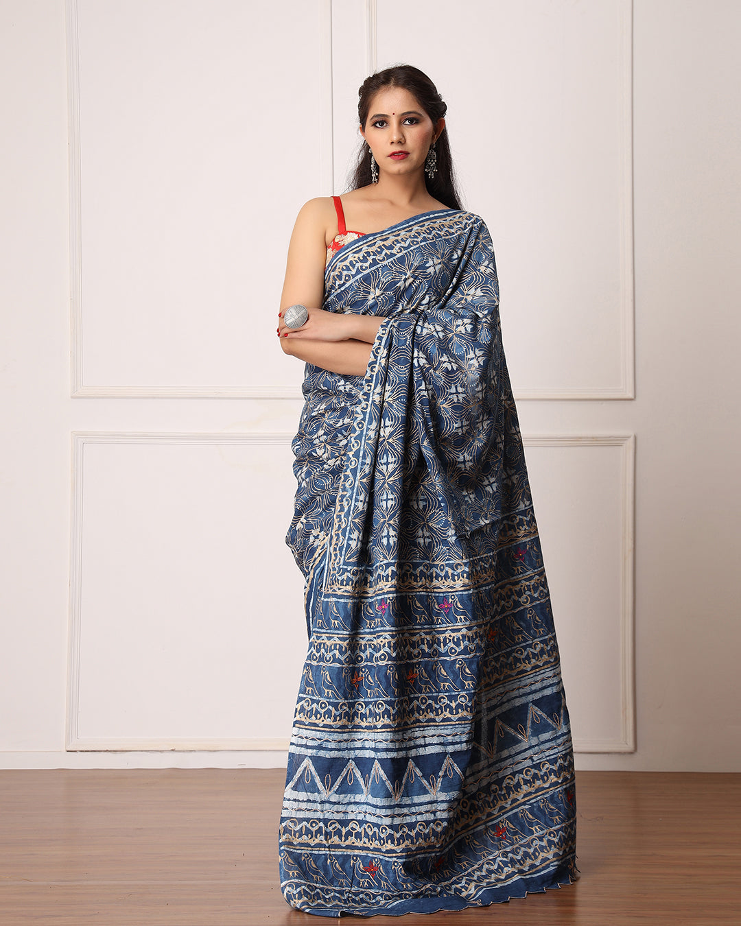 Floral Dabu Print Indigo Mulmul Saree