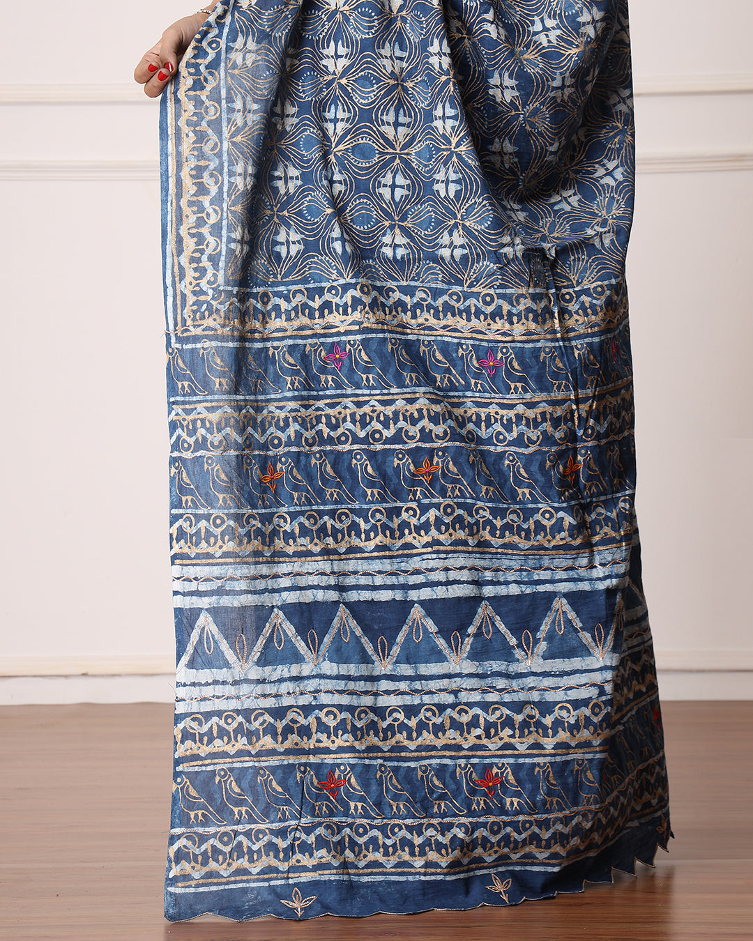 Floral Dabu Print Indigo Mulmul Saree