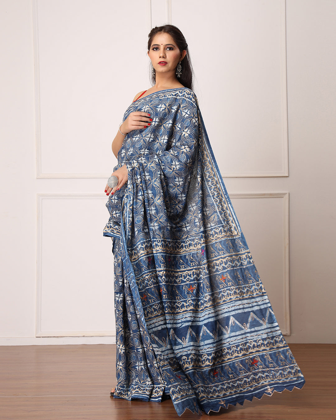 Floral Dabu Print Indigo Mulmul Saree