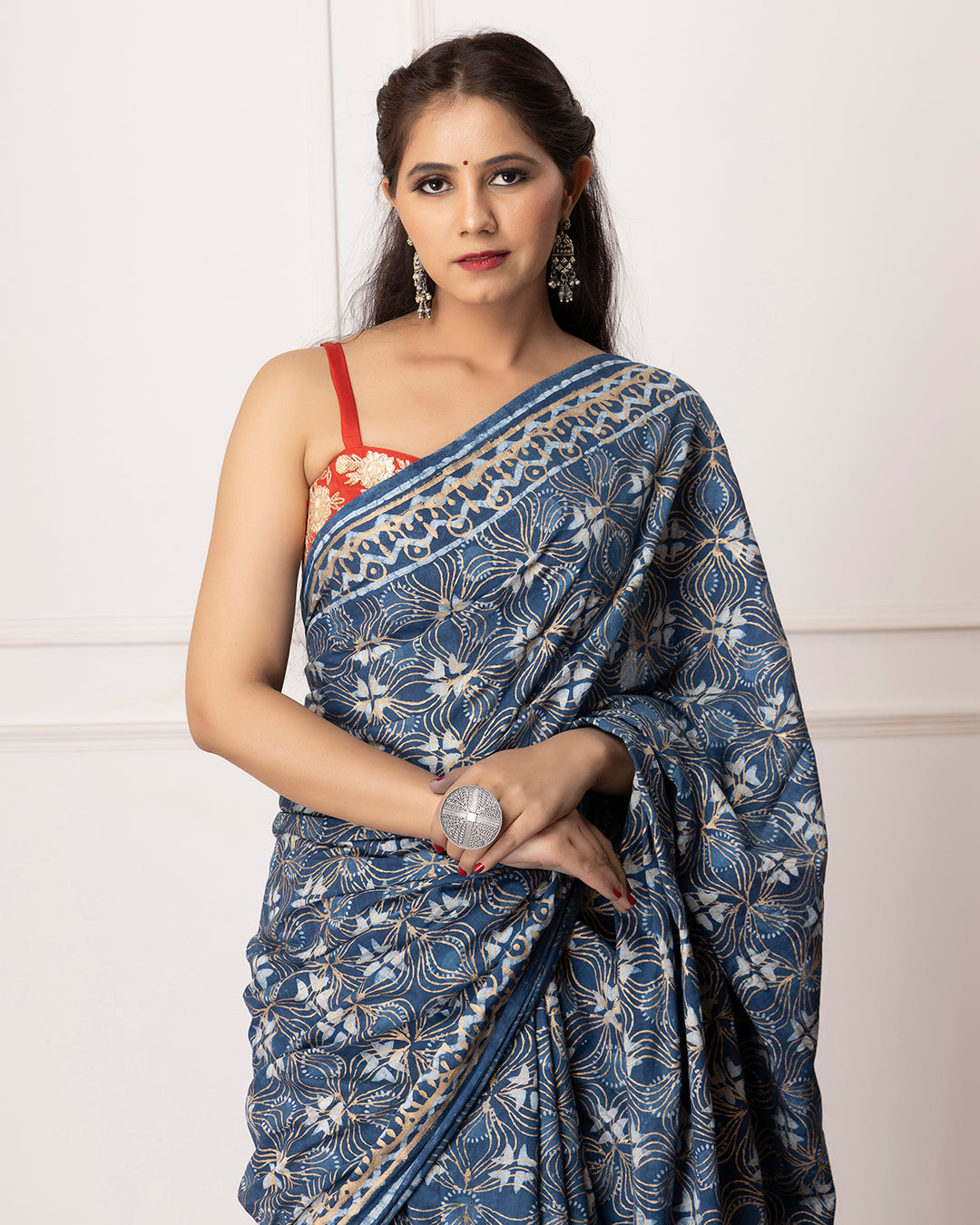 Floral Dabu Print Indigo Mulmul Saree