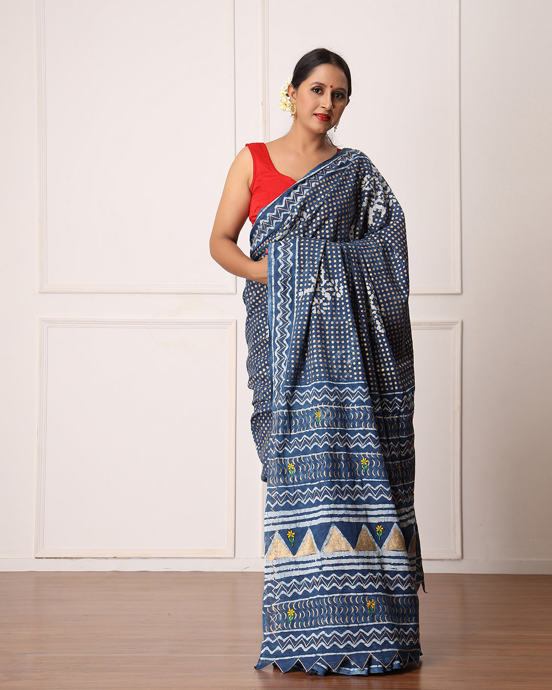 Polka Dots Dabu Print Indigo Saree