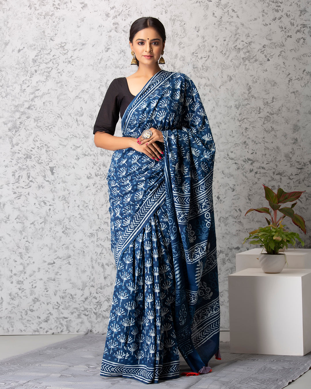 Dandelions Dabu Print Indigo Saree