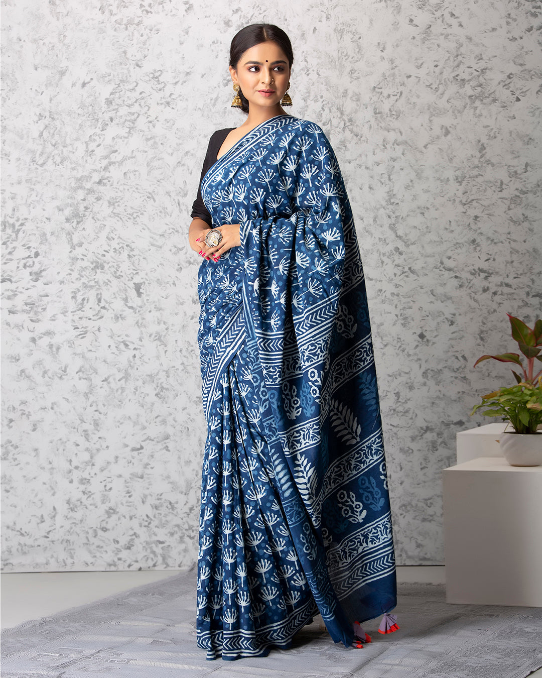 Dandelions Dabu Print Indigo Saree