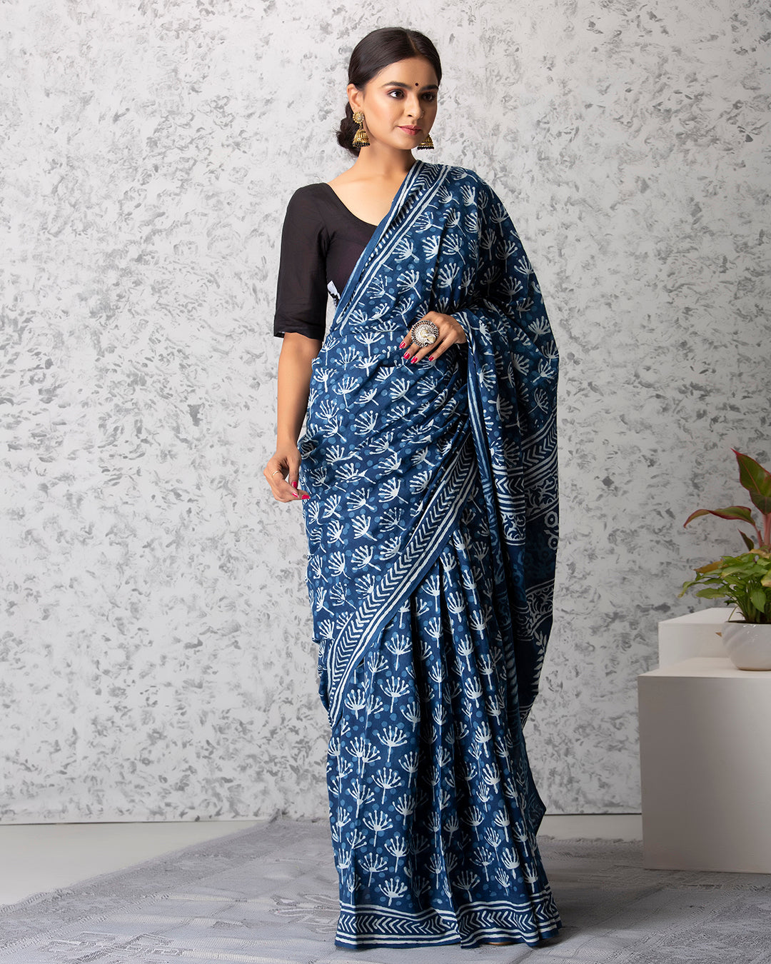 Dandelions Dabu Print Indigo Saree