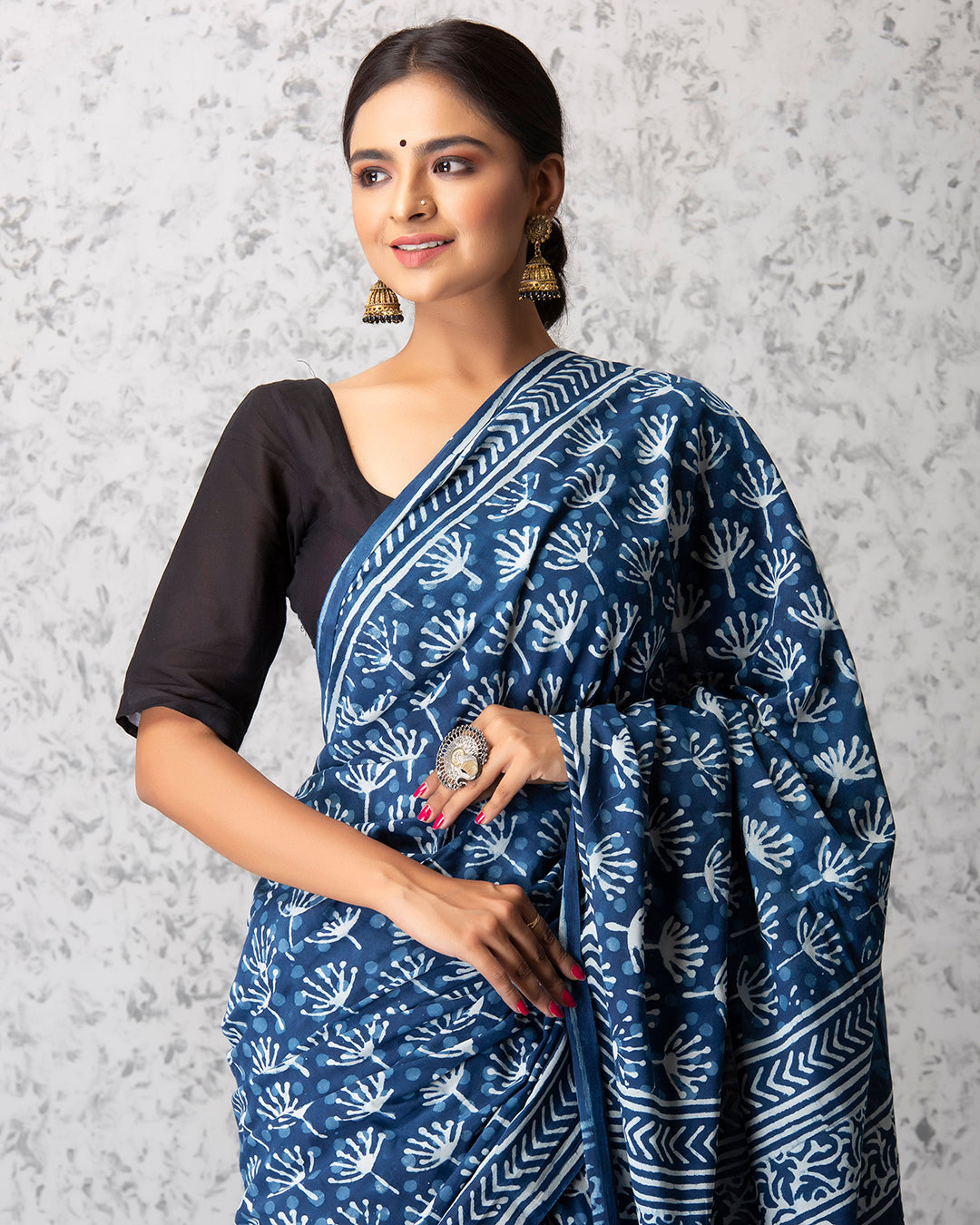 Dandelions Dabu Print Indigo Saree