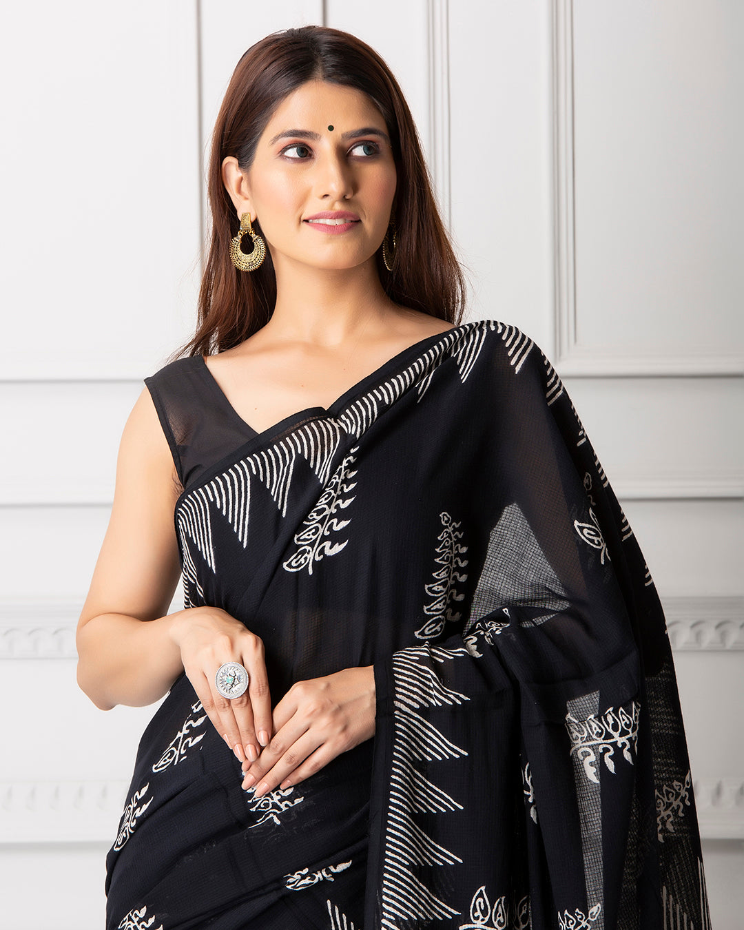 Monochrome Handblock Moonga Cotton Saree
