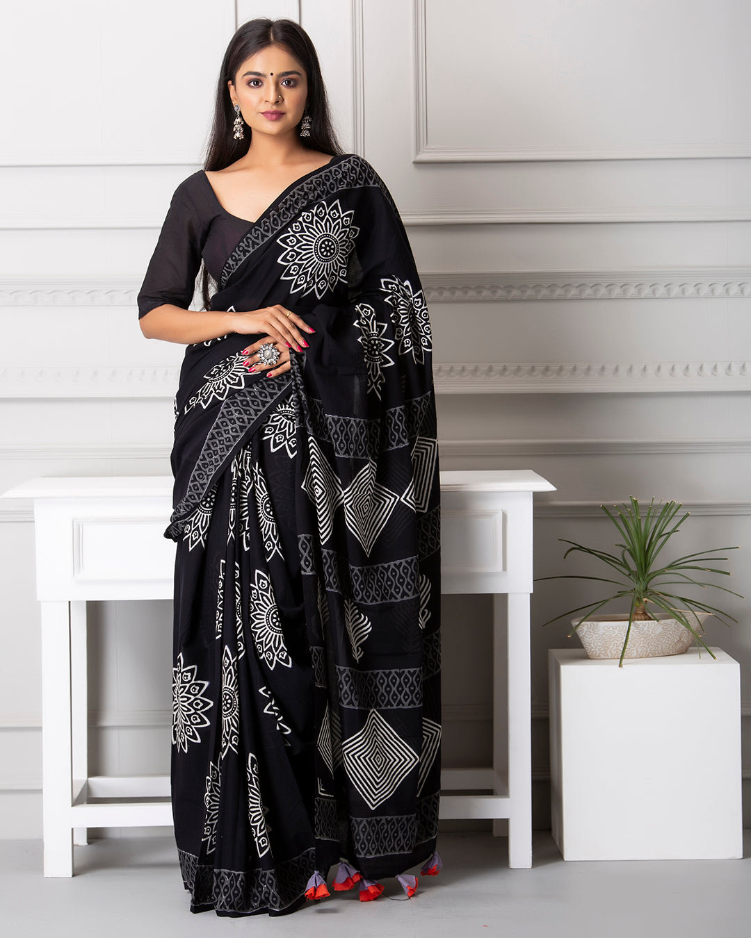 Yantras Handblock Printed Black Mulmul Saree