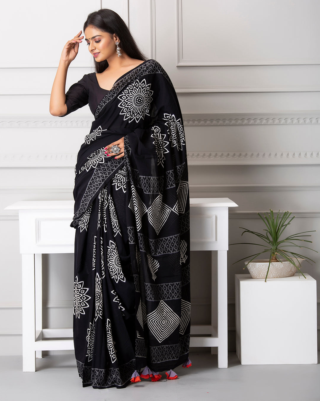 Yantras Handblock Printed Black Mulmul Saree
