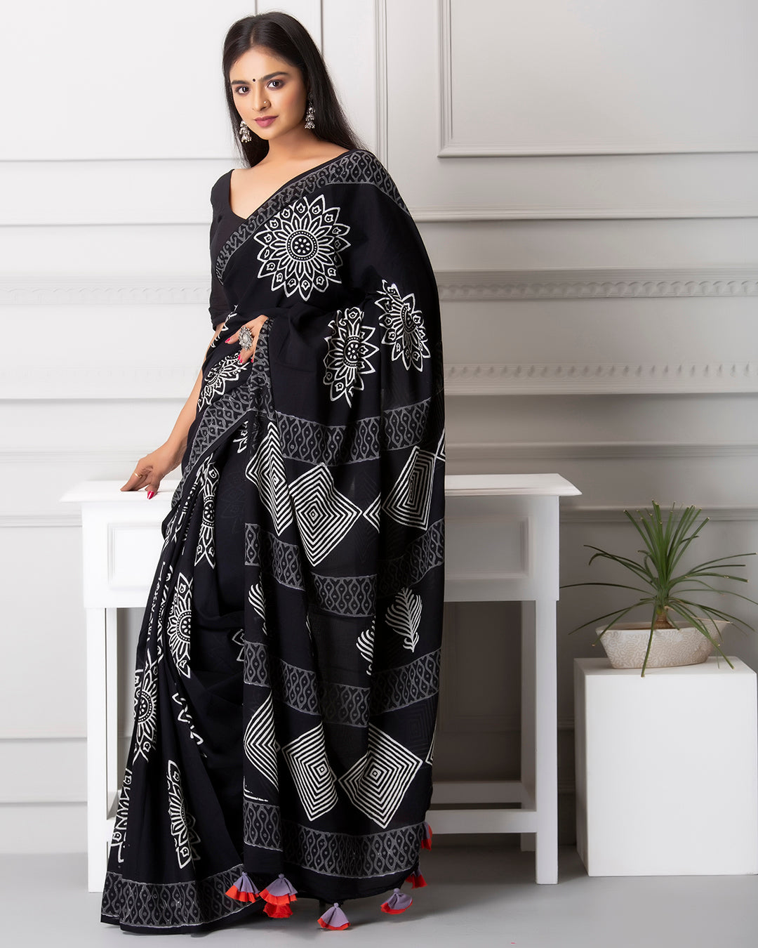 Yantras Handblock Printed Black Mulmul Saree