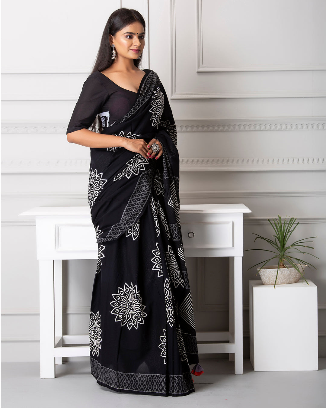 Yantras Handblock Printed Black Mulmul Saree