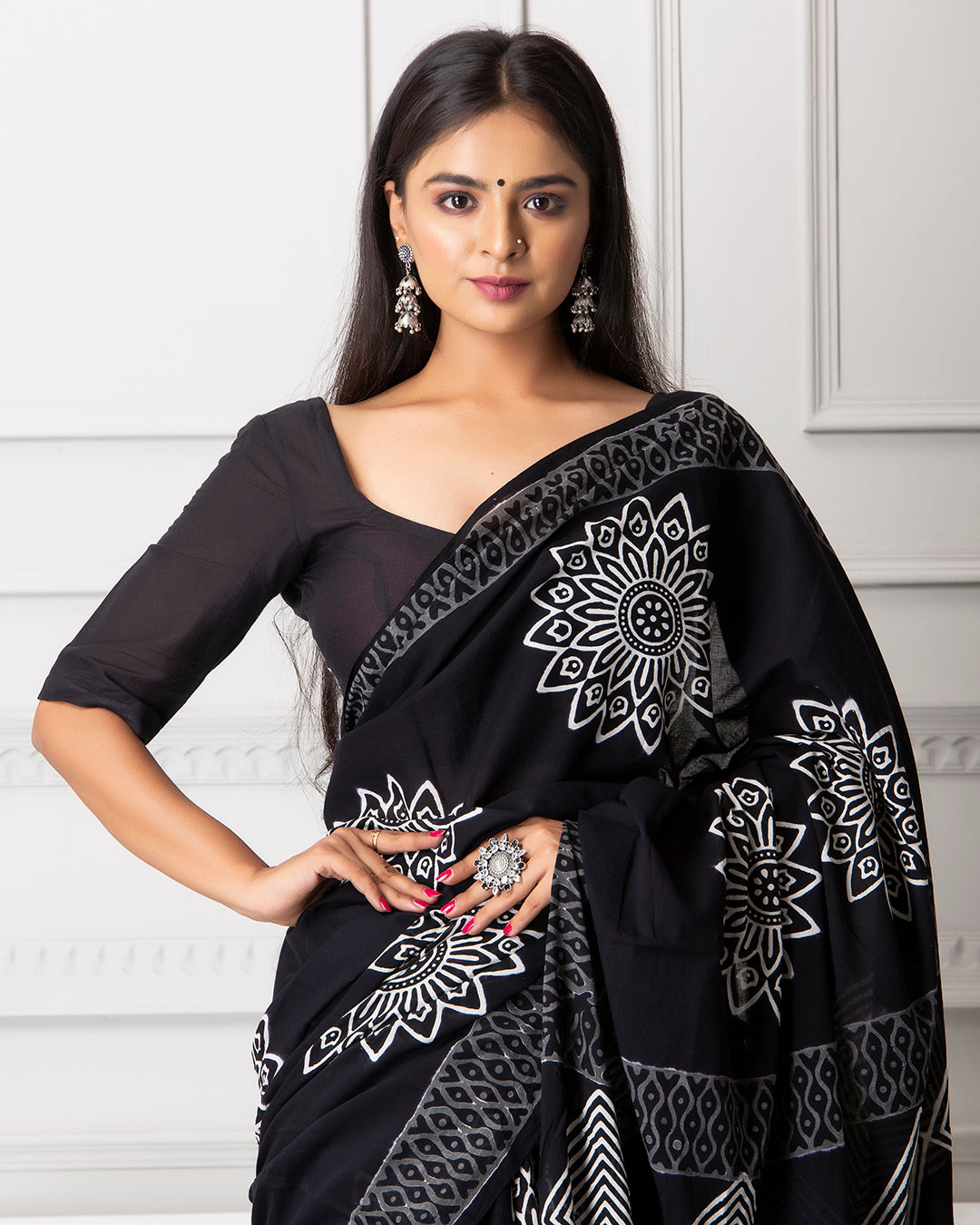 Yantras Handblock Printed Black Mulmul Saree