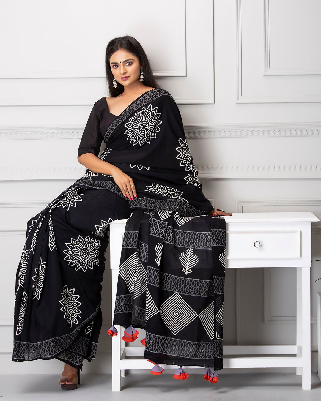 Yantras Handblock Printed Black Mulmul Saree