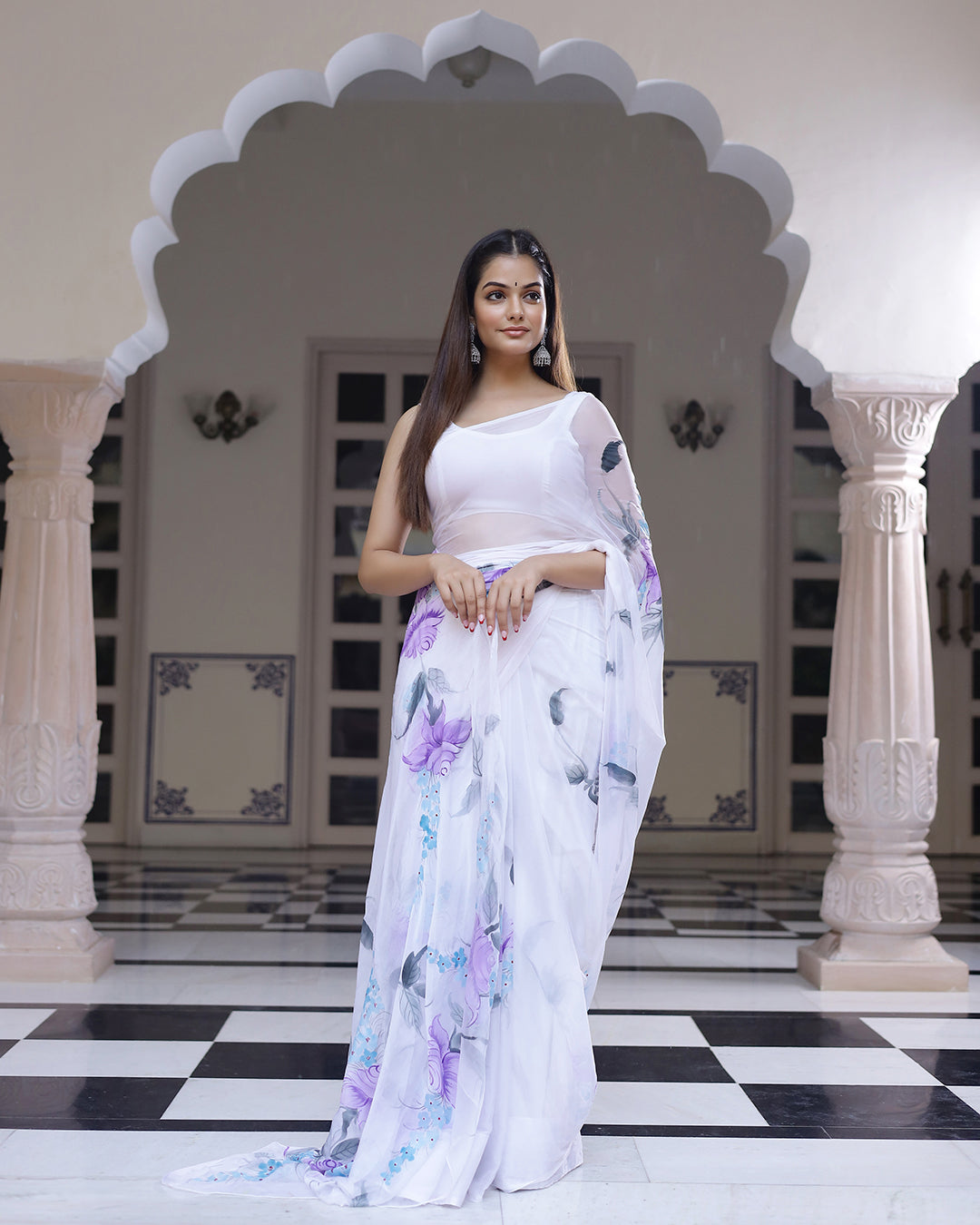 White Floral Hand Painted Chiffon saree