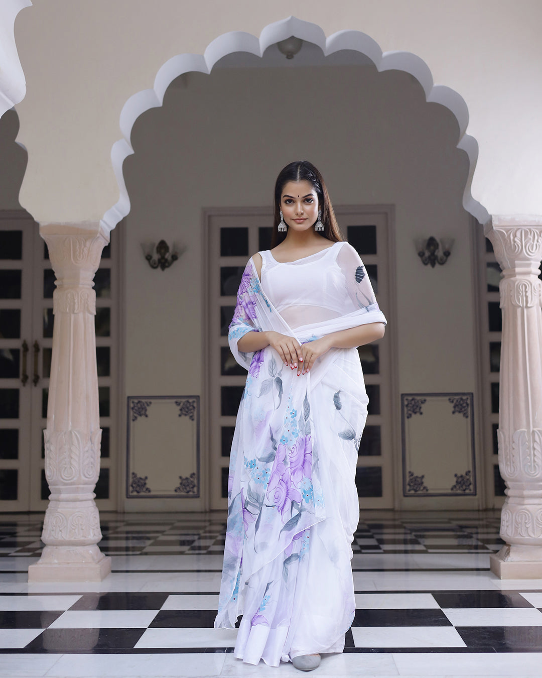 White Floral Hand Painted Chiffon saree
