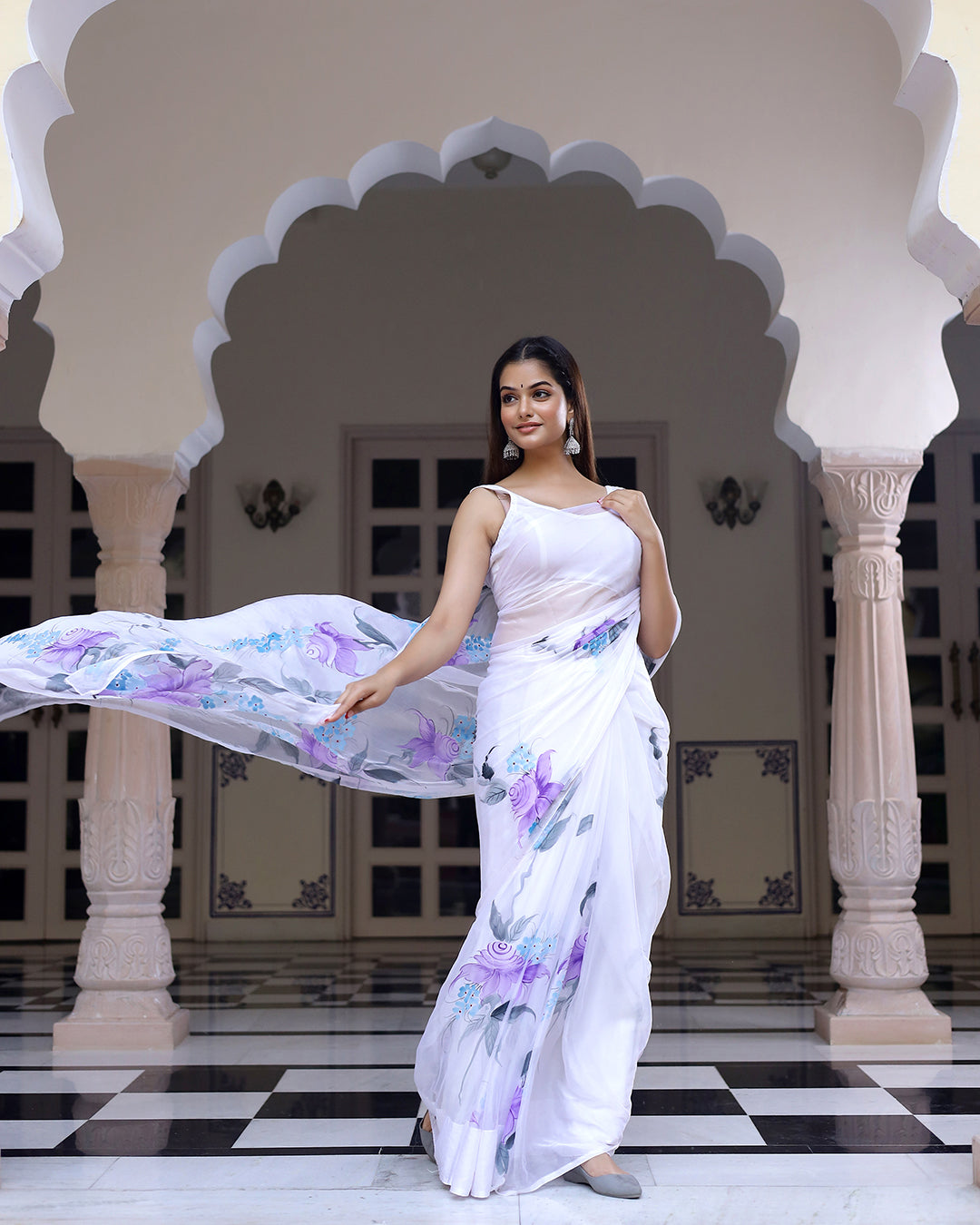 White Floral Hand Painted Chiffon saree
