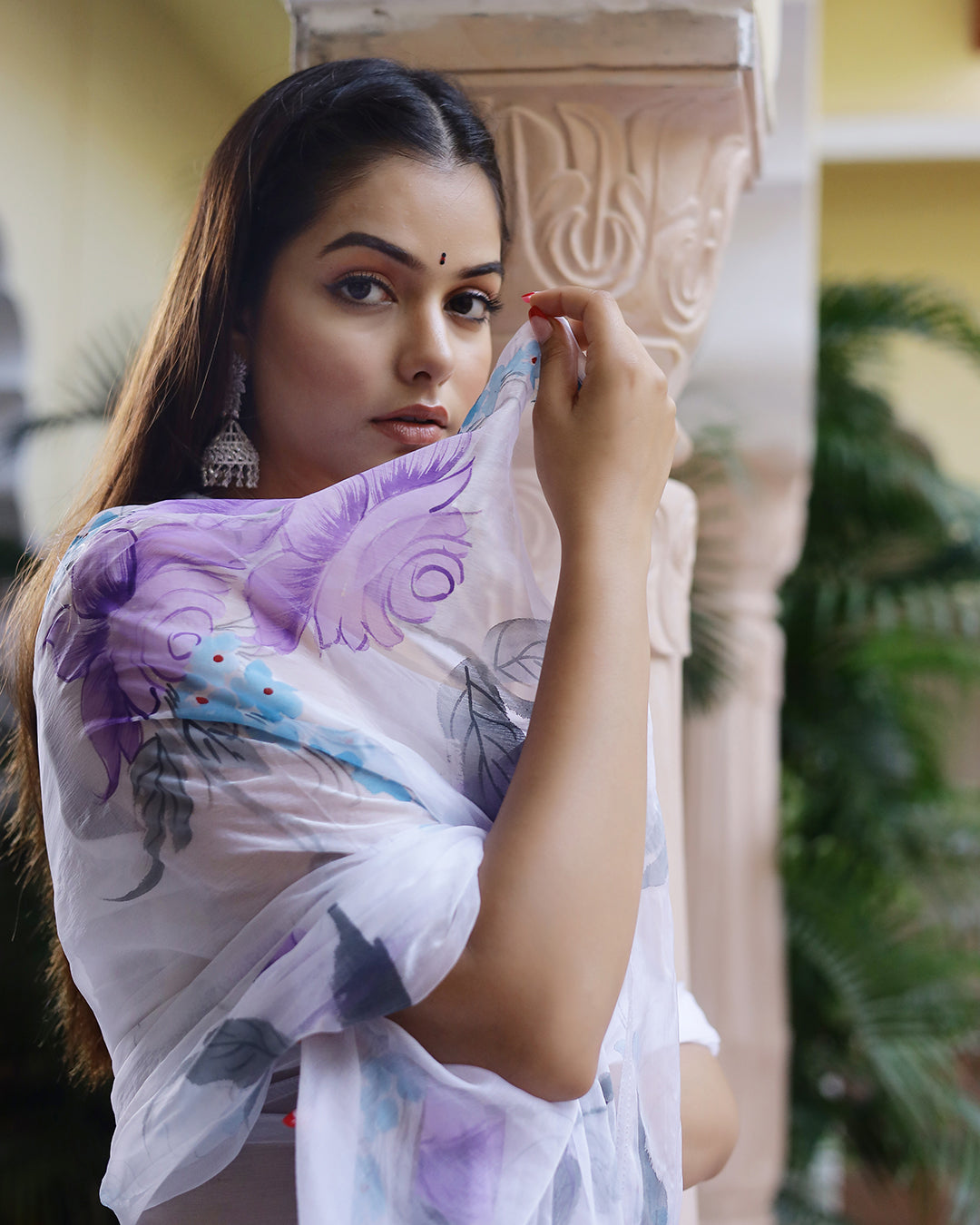 White Floral Hand Painted Chiffon saree
