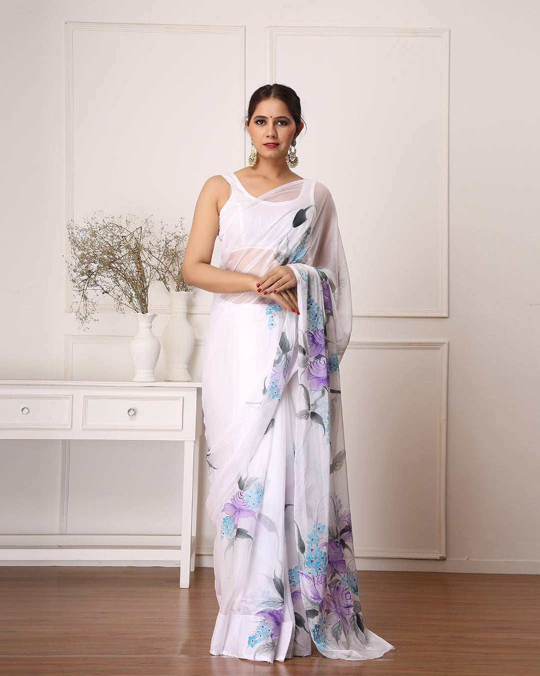 White Floral Hand Painted Chiffon saree