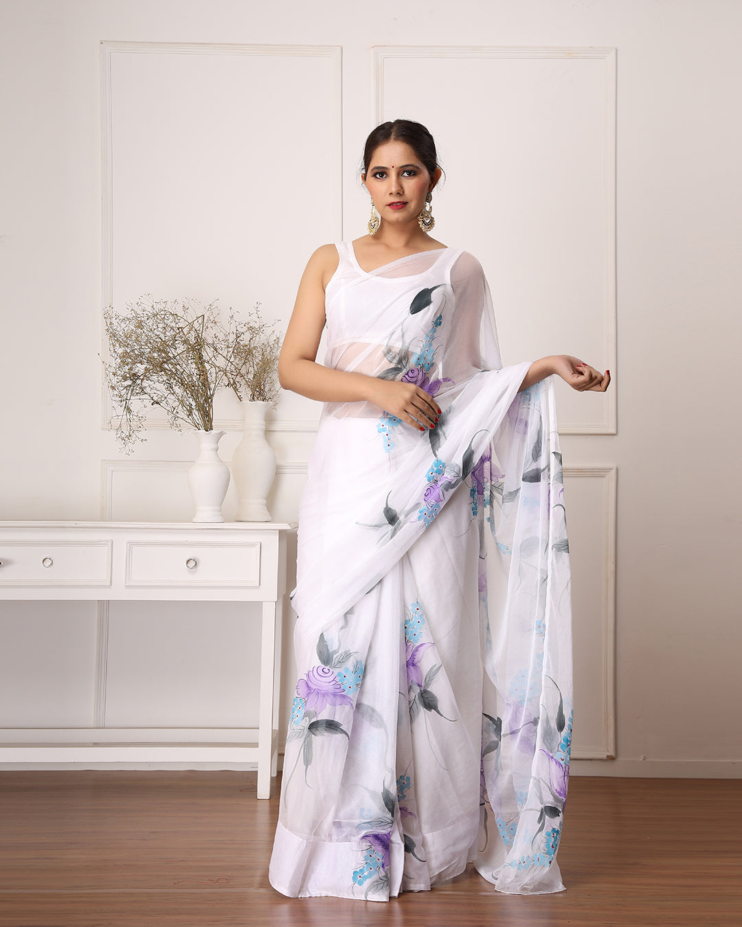 White Floral Hand Painted Chiffon saree