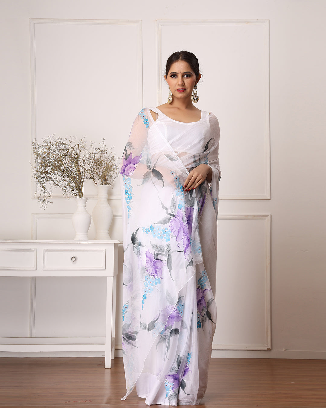 White Floral Hand Painted Chiffon saree