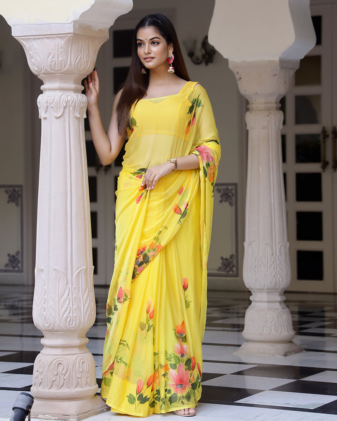 Yellow Hand Painted Chiffon Saree