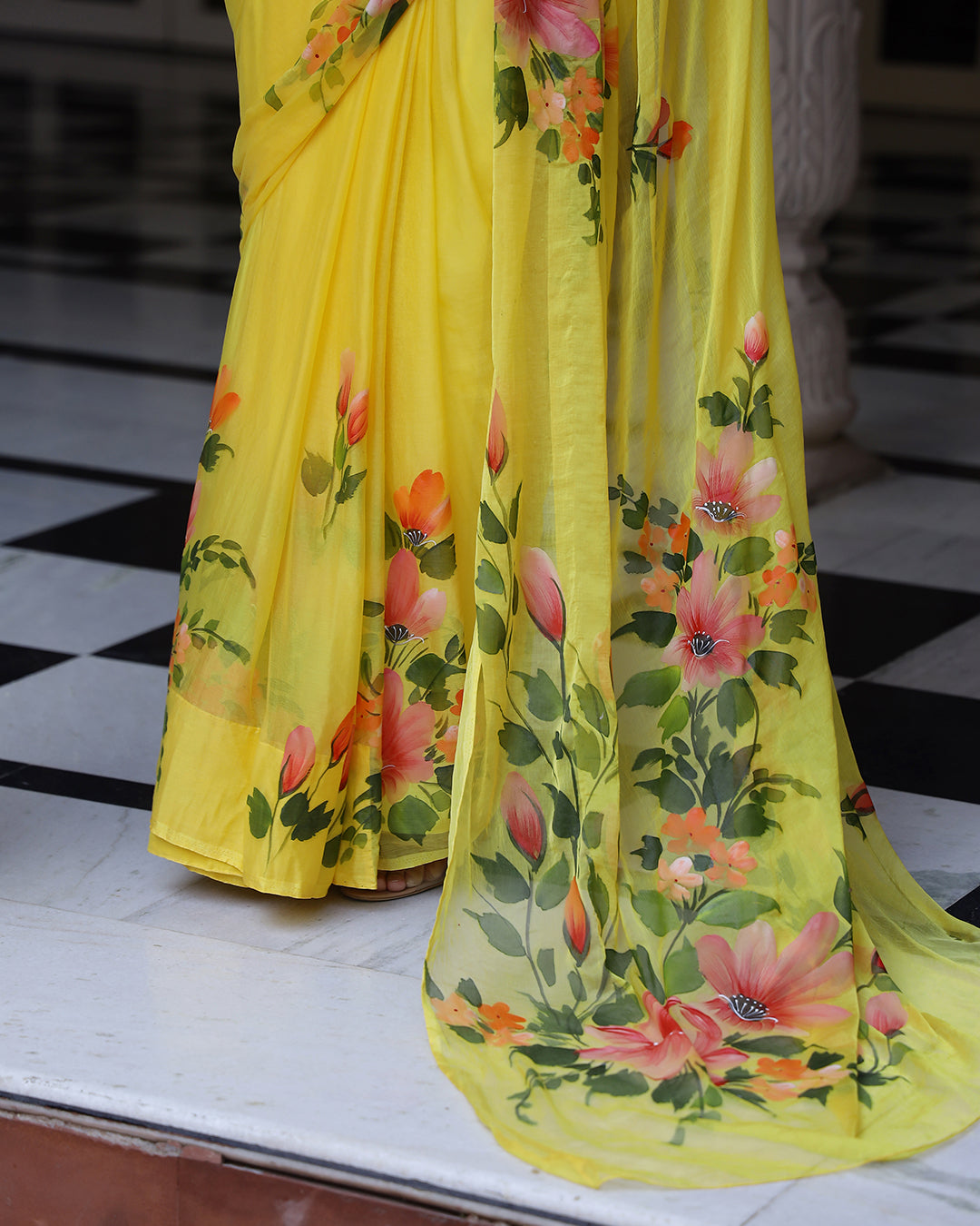 Yellow Hand Painted Chiffon Saree
