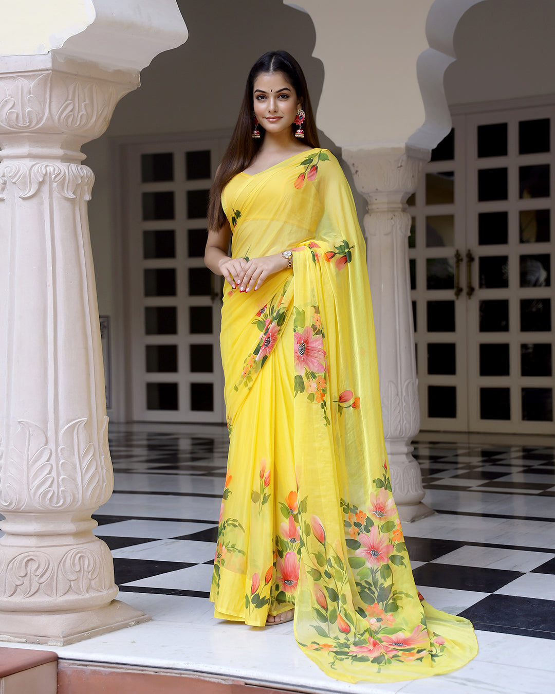 Yellow Hand Painted Chiffon Saree