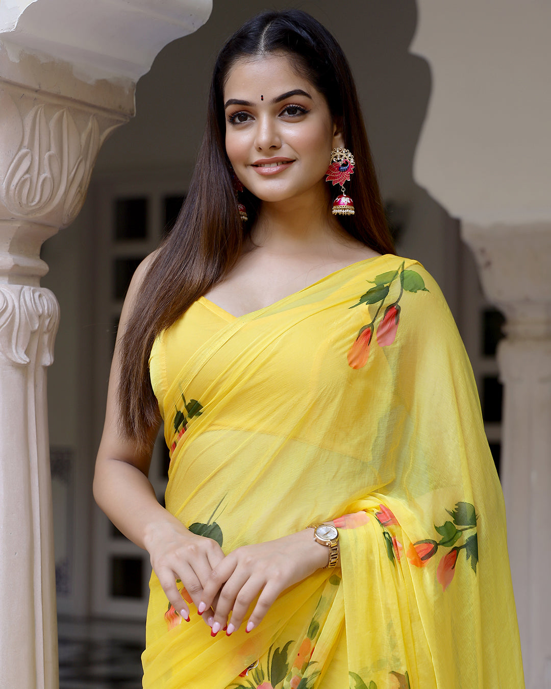 Yellow Hand Painted Chiffon Saree