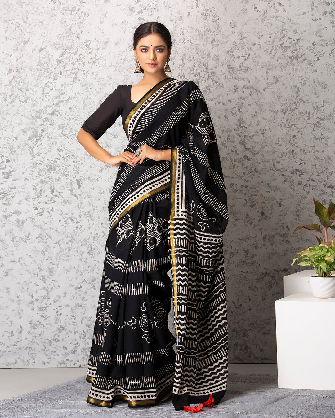 Bold Folk Handblock Printed Black Mulmul saree