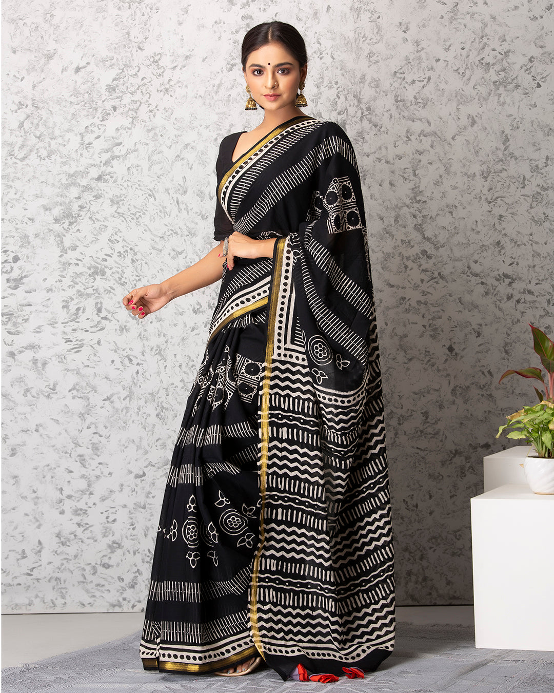 Bold Folk Handblock Printed Black Mulmul saree